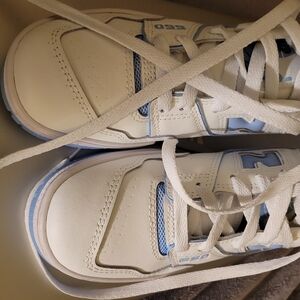 New Balance White and Light Blue Sneakers